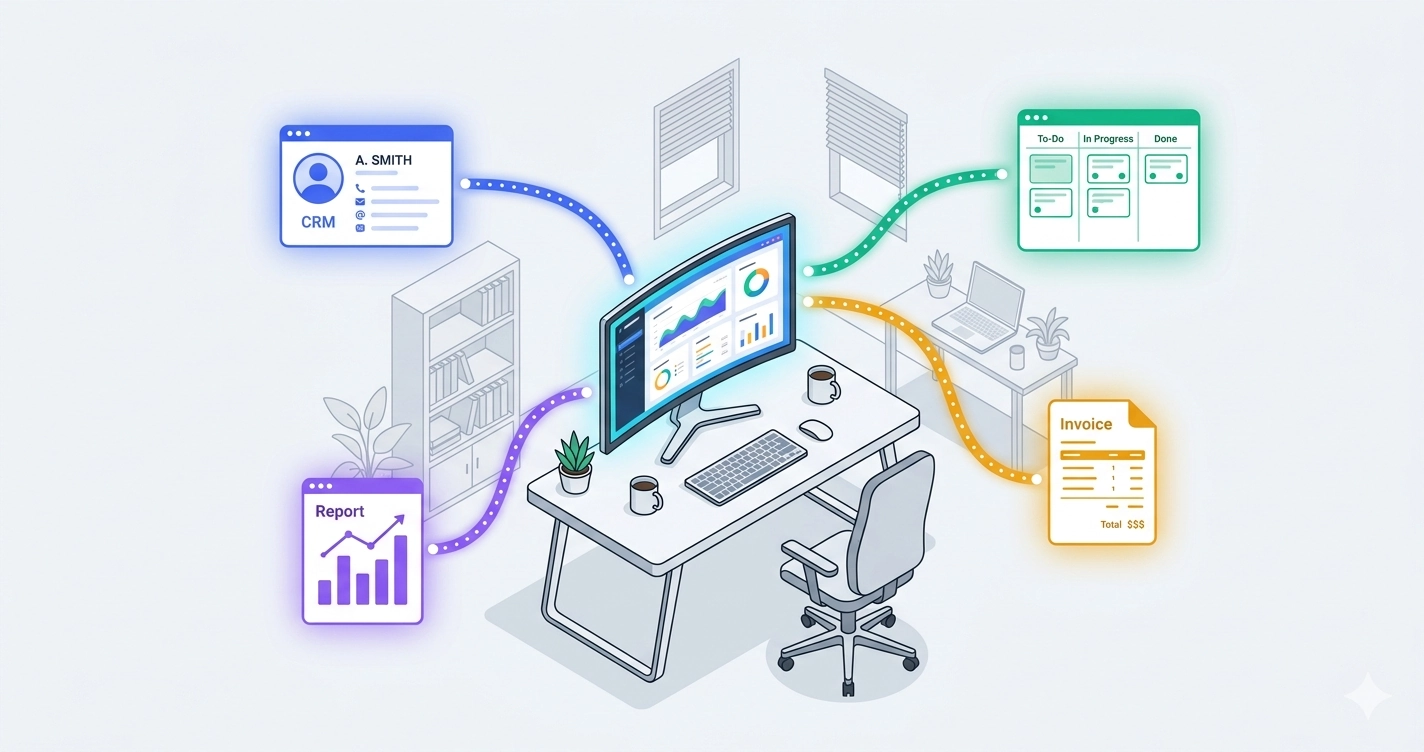 Agency workspace showing automated workflow connections between CRM, project management, invoicing, and reporting tools